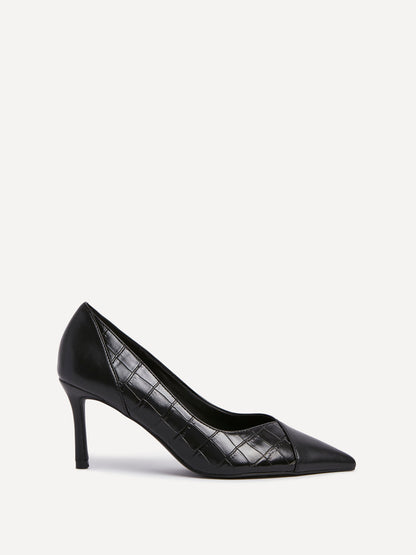 Gaia Black Faux Leather Mix Croc Court Heels