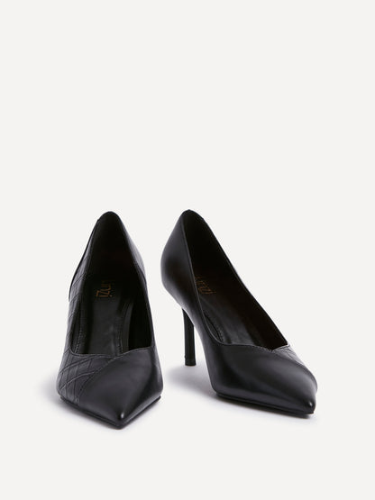 Gaia Black Faux Leather Mix Croc Court Heels