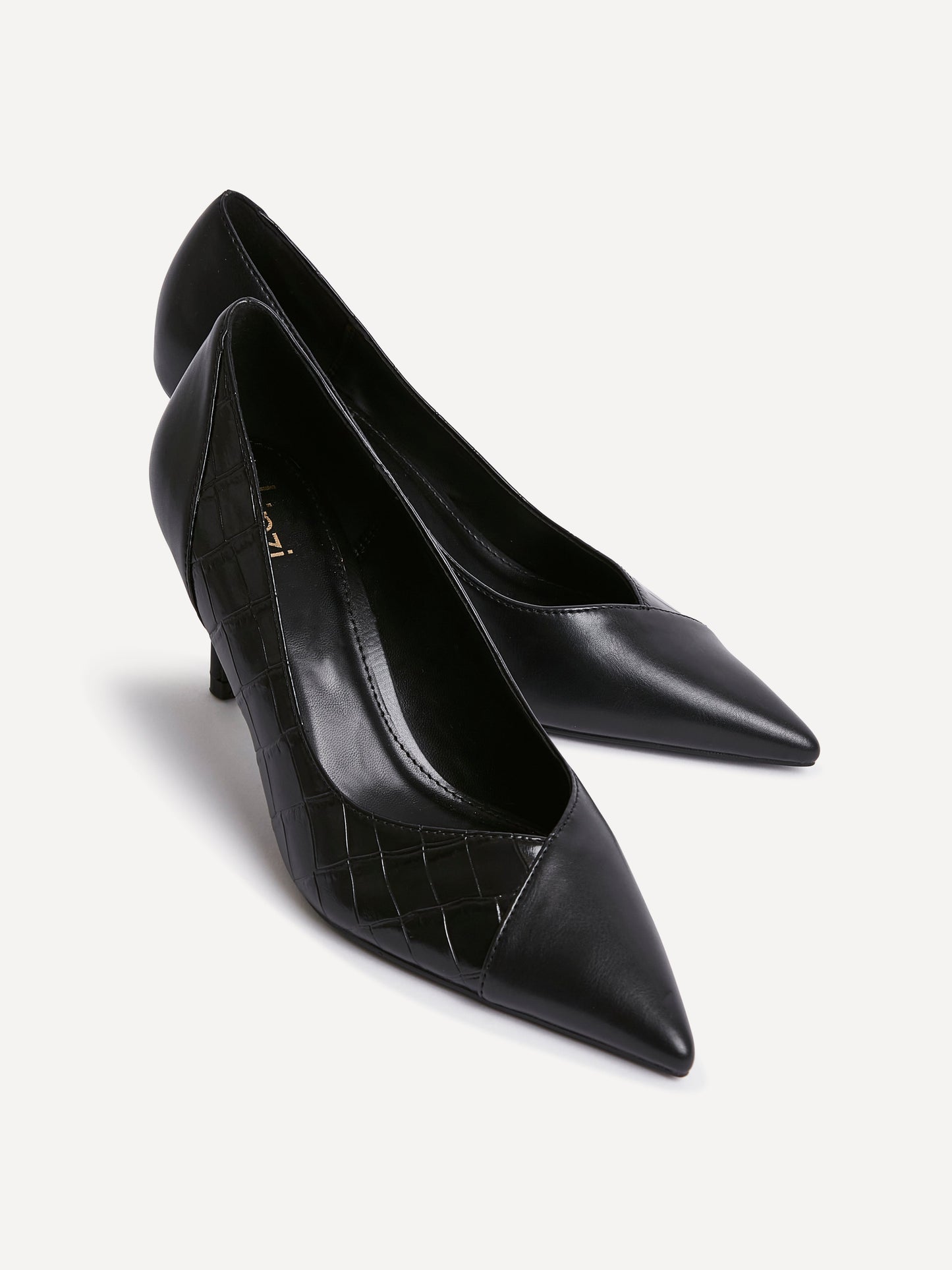 Gaia Black Faux Leather Mix Croc Court Heels