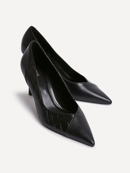 Gaia Black Faux Leather Mix Croc Court Heels