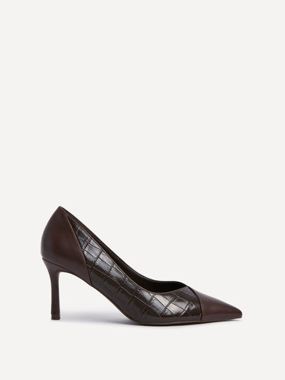 Gaia Brown Faux Leather Mix Croc Court Heel