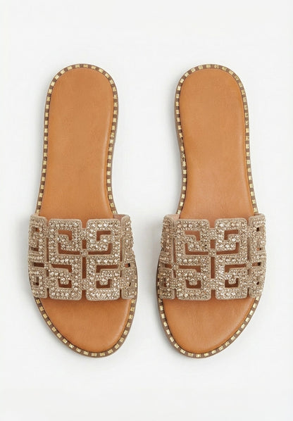 Always Be Mine Gold Diamante Embellished Flat Sandals