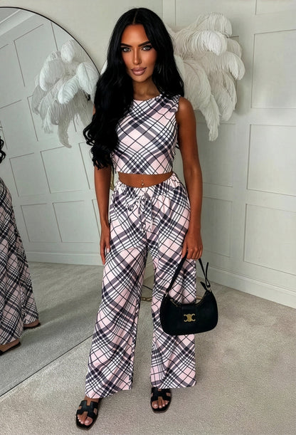 Chelsea Glam Light Pink Check Print Top & Trouser Co-Ord Set