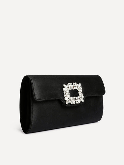 Wonder Black Satin Diamante Clutch Bag