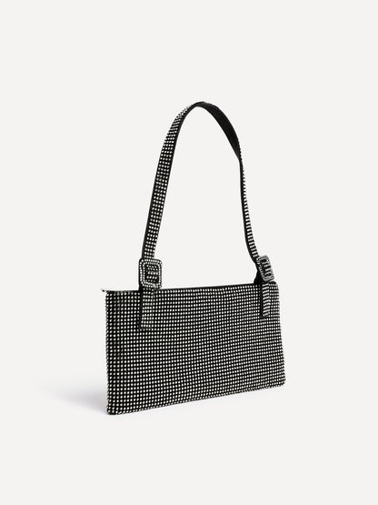Fantasy Black Satin Diamante Shoulder Bag