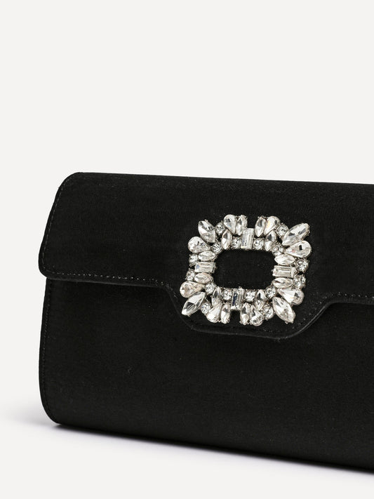 Wonder Black Satin Diamante Clutch Bag