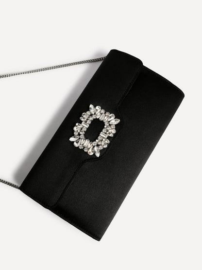 Wonder Black Satin Diamante Clutch Bag
