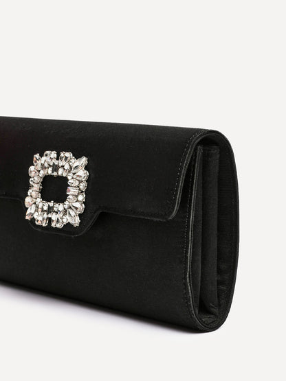 Wonder Black Satin Diamante Clutch Bag