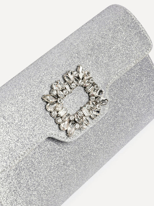 Wonder Silver Satin Diamante Clutch Bag