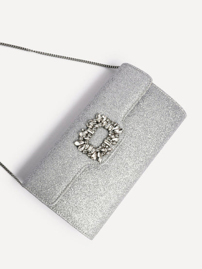 Wonder Silver Satin Diamante Clutch Bag