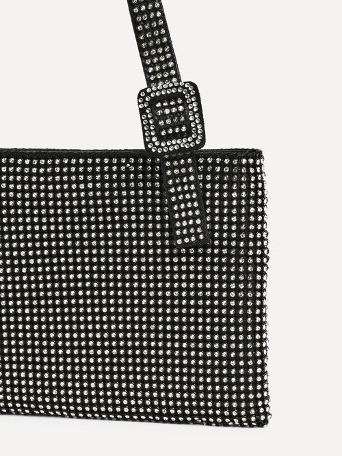 Fantasy Black Satin Diamante Shoulder Bag