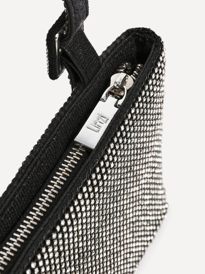 Fantasy Black Satin Diamante Shoulder Bag
