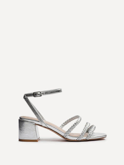Hariette Silver Faux Leather Plaited Heels