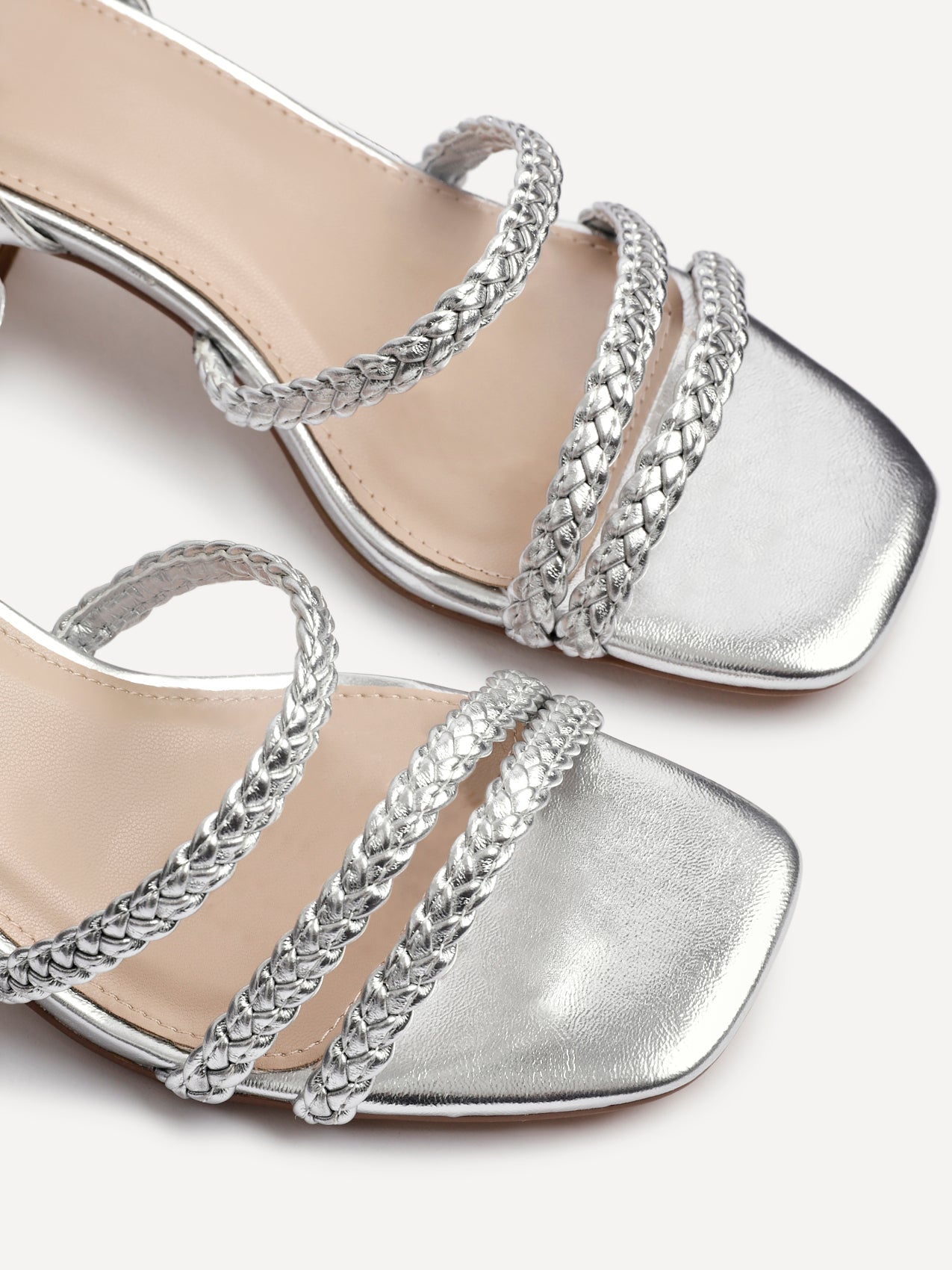 Hariette Silver Faux Leather Plaited Heels