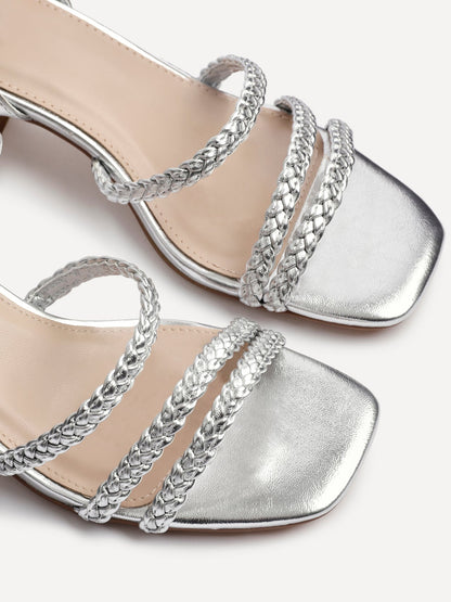 Hariette Silver Faux Leather Plaited Heels