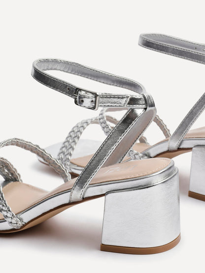 Hariette Silver Faux Leather Plaited Heels
