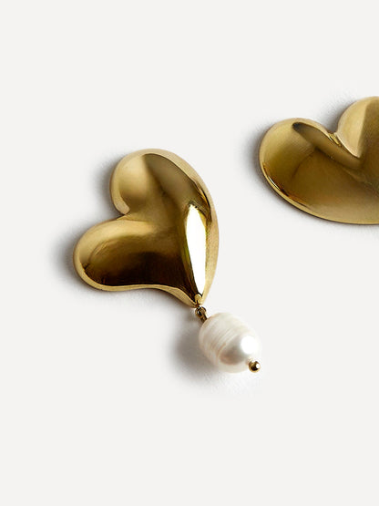 Heartfelt Gold Heart Stud Pearl Earrings