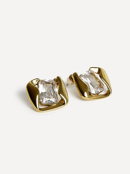 Ice Gold Crystal Square Stud Earrings