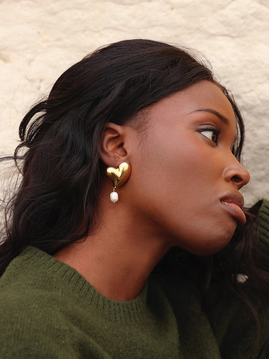 Heartfelt Gold Heart Stud Pearl Earrings