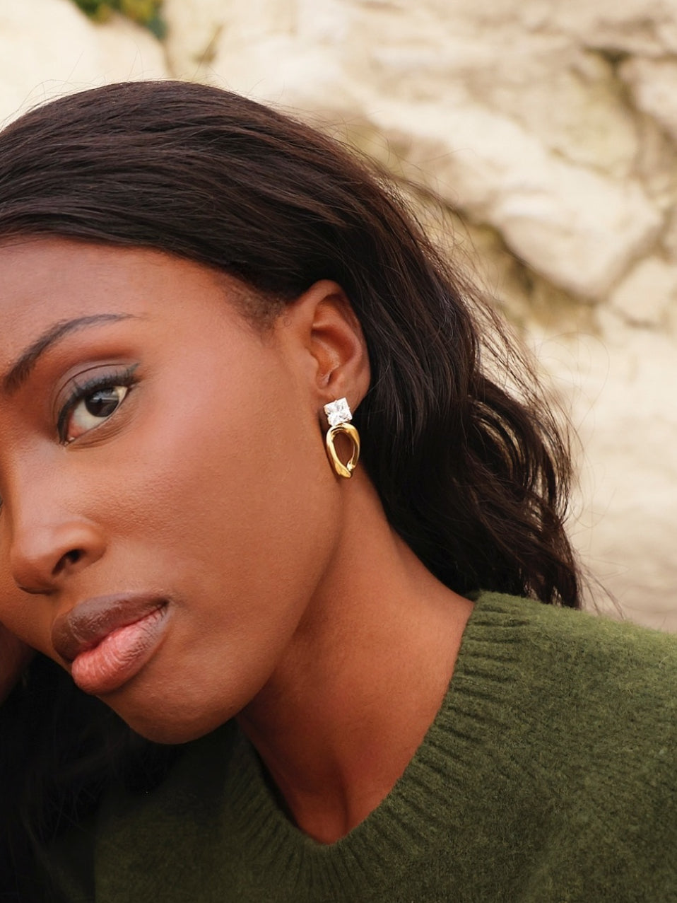 Starfall Gold Square Stud Oval Drop Earrings