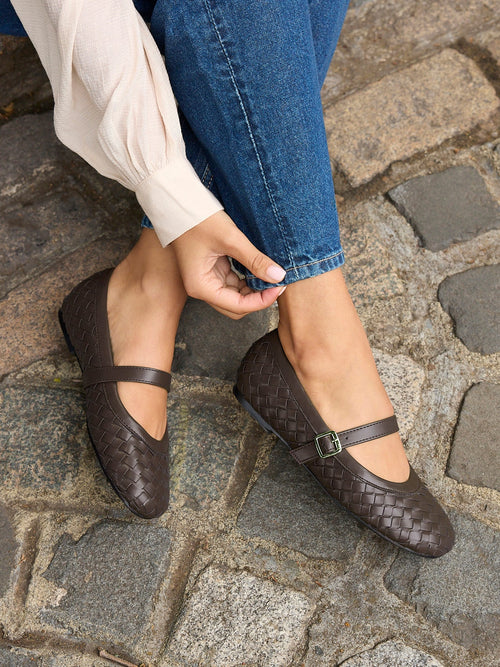 Index Brown Handwoven Mary Jane Pumps