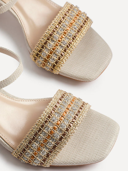Indie Ivory Raffia Diamante Block Heeled Sandals