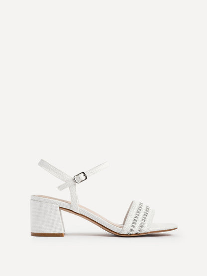 Indie White Raffia Diamante Block Heeled Sandals