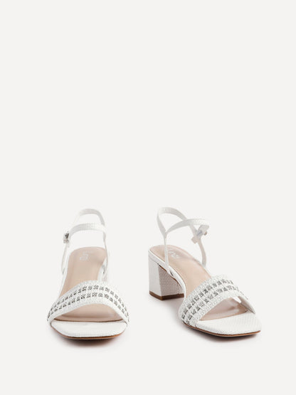 Indie White Raffia Diamante Block Heeled Sandals