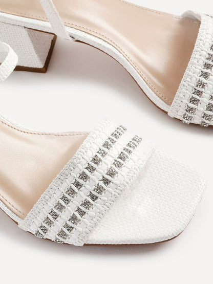 Indie White Raffia Diamante Block Heeled Sandals