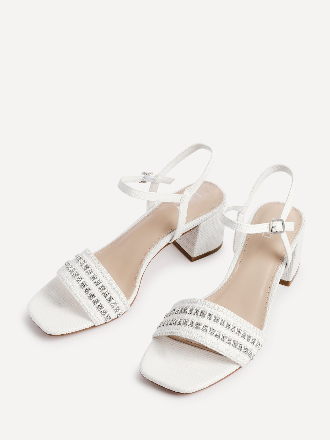 Indie White Raffia Diamante Block Heeled Sandals