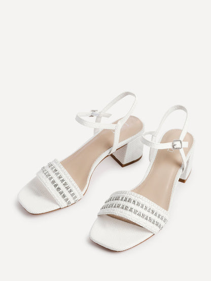 Indie White Raffia Diamante Block Heeled Sandals
