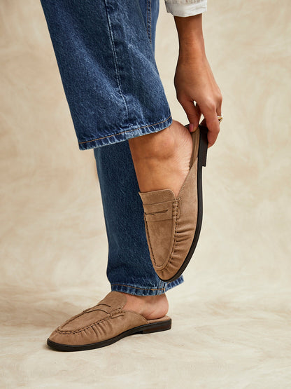 Intro Taupe Suede Leather Slip On Mules