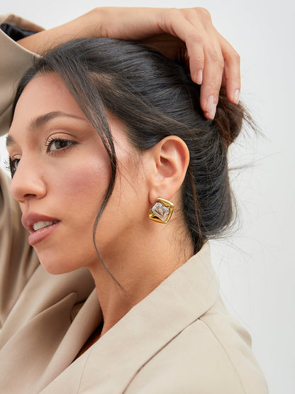 Ice Gold Crystal Square Stud Earrings