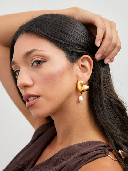 Heartfelt Gold Heart Stud Pearl Earrings