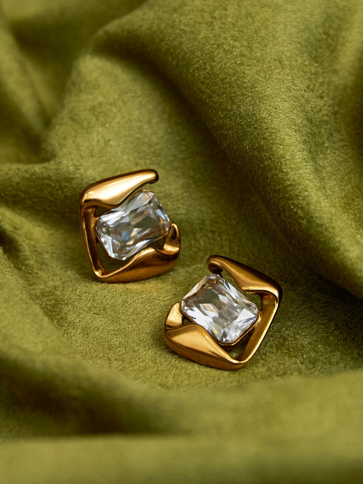 Ice Gold Crystal Square Stud Earrings