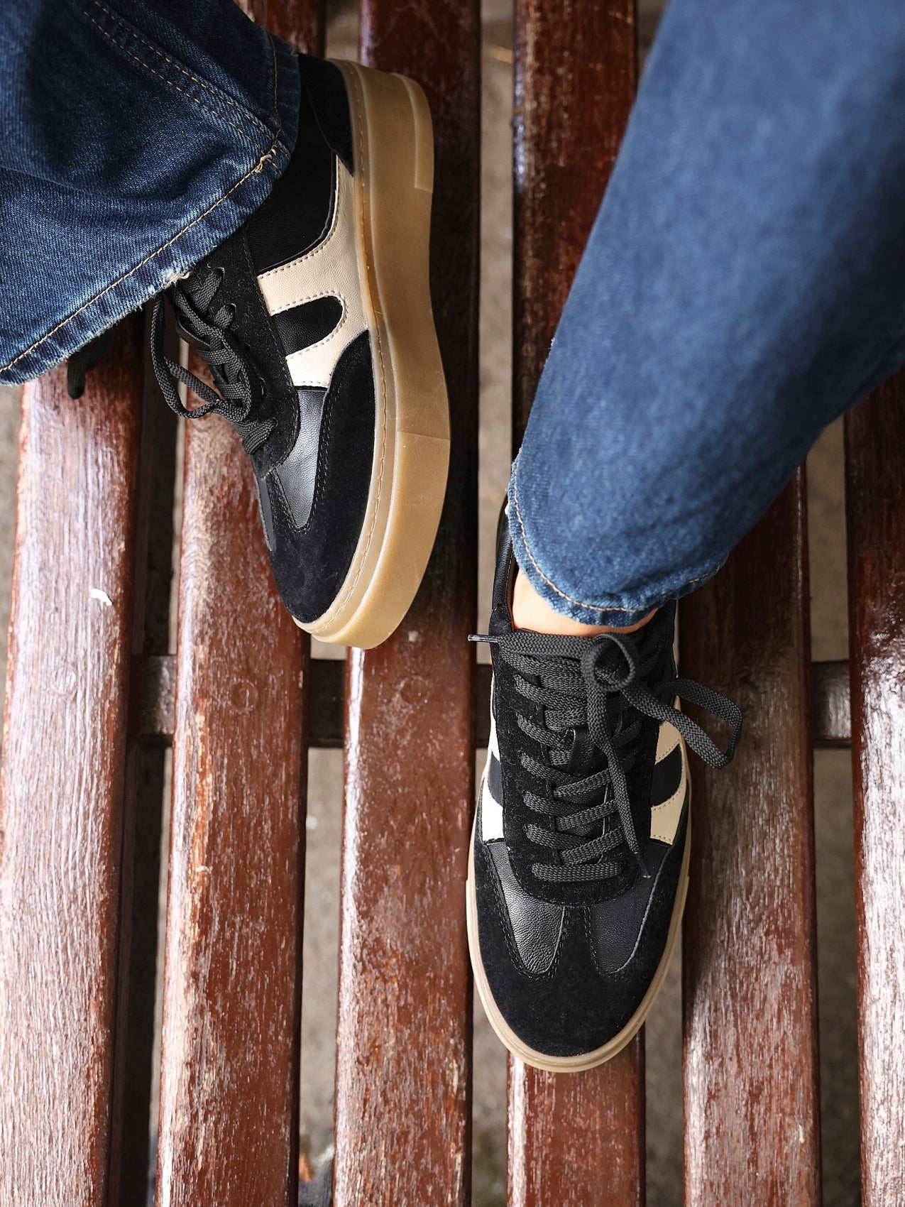 Kaia Black and Nude Faux Leather Trainers