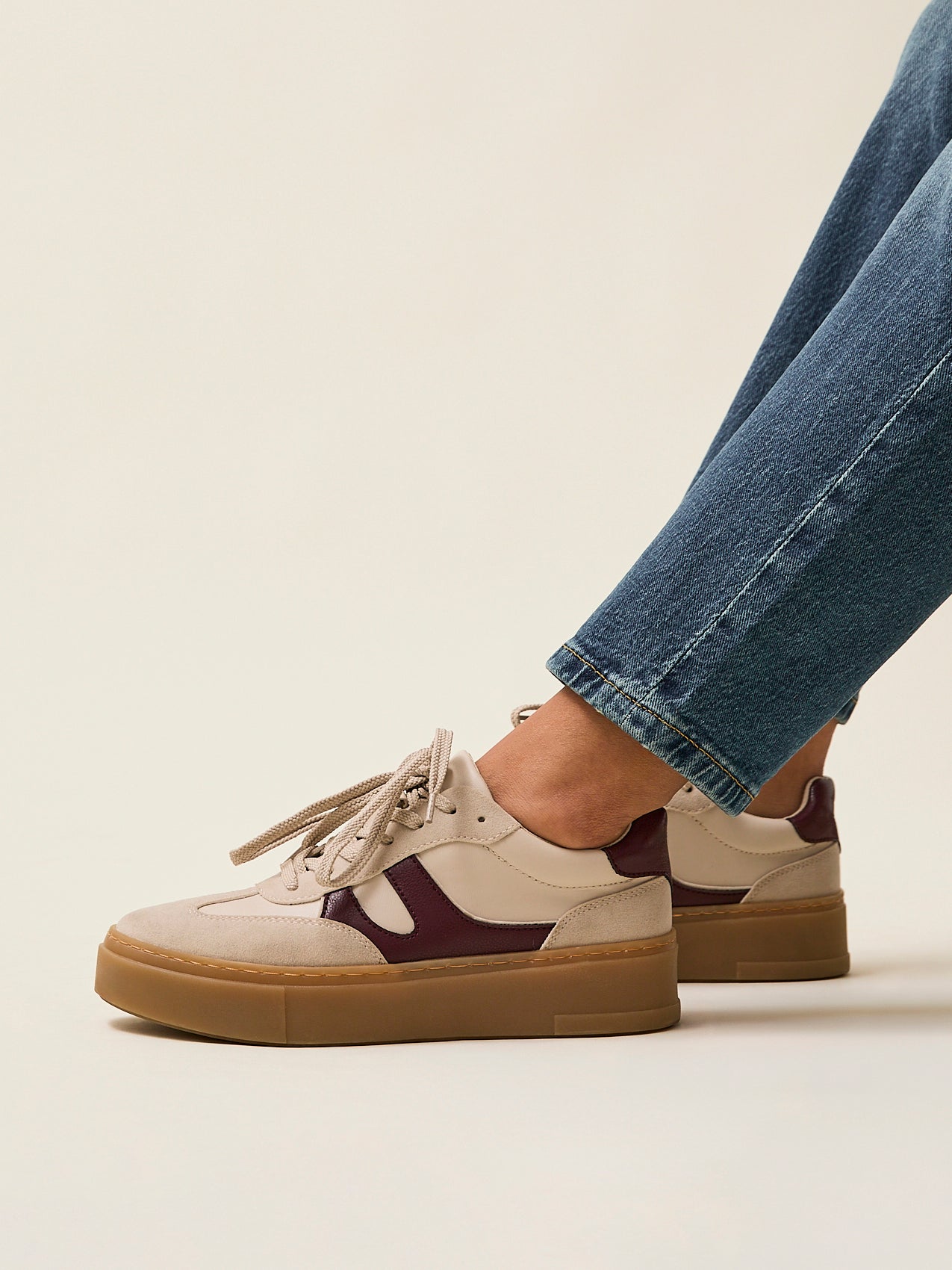 Kaia Nude and Burgundy Faux Leather Trainers