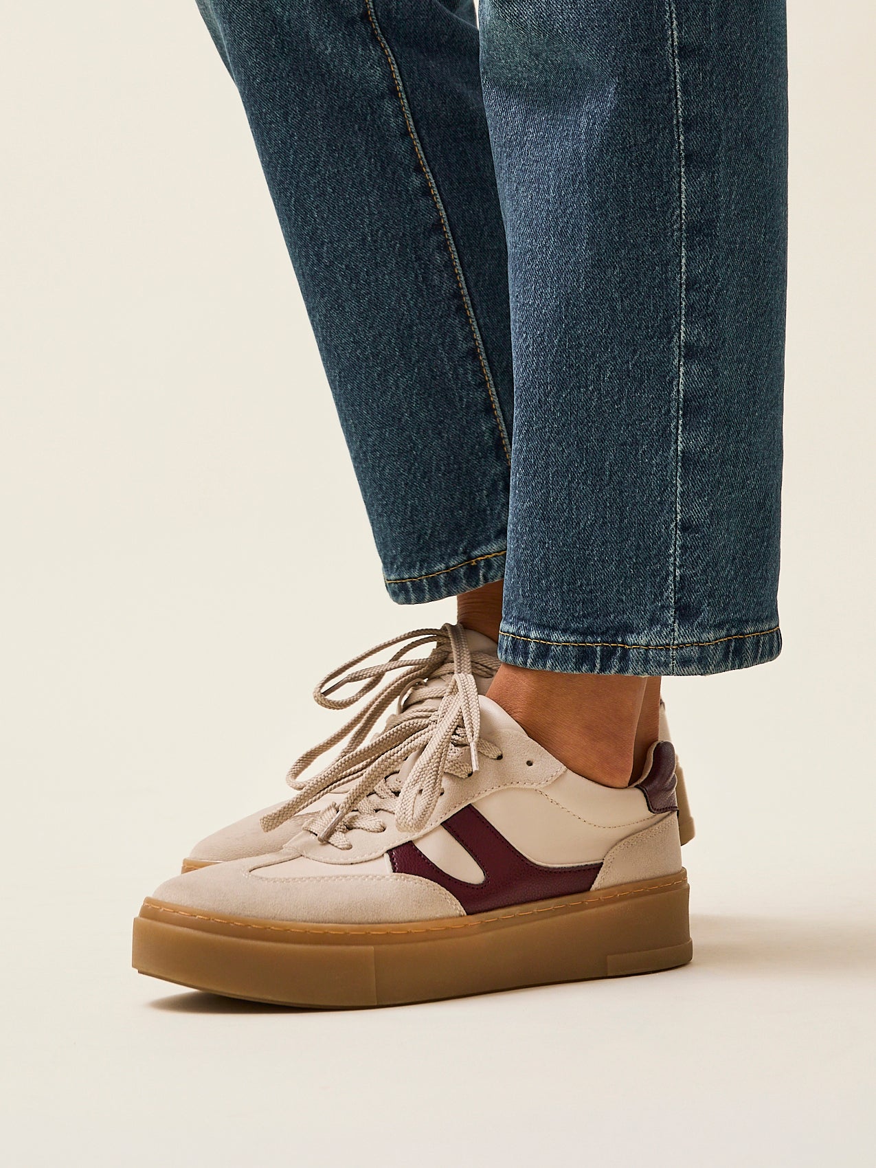 Kaia Nude and Burgundy Faux Leather Trainers
