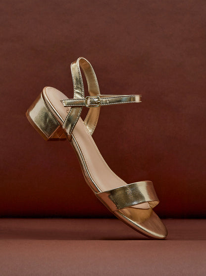 Kezzi Gold Faux Leather Low Heeled Sandals