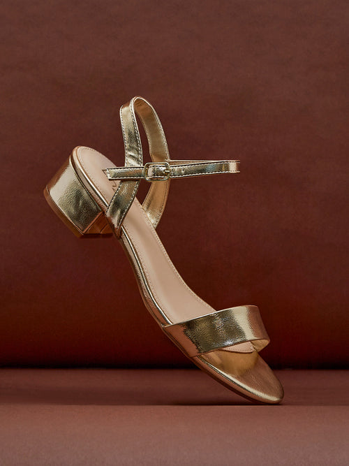 Kezzi Gold Faux Leather Low Heeled Sandals