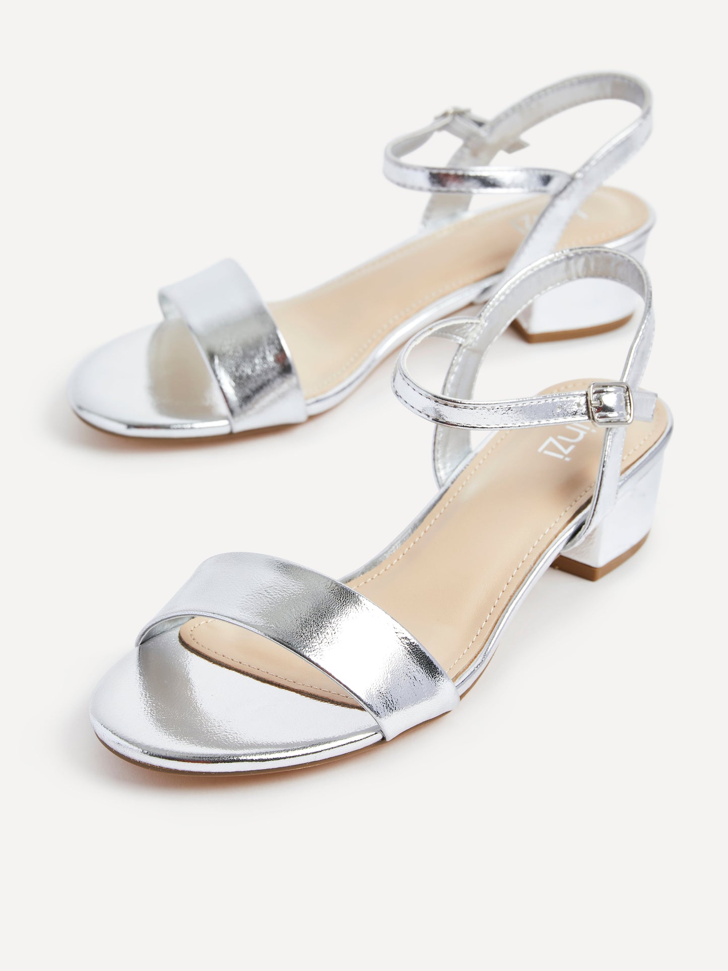 Kezzi Silver Faux Leather Low Heeled Sandals