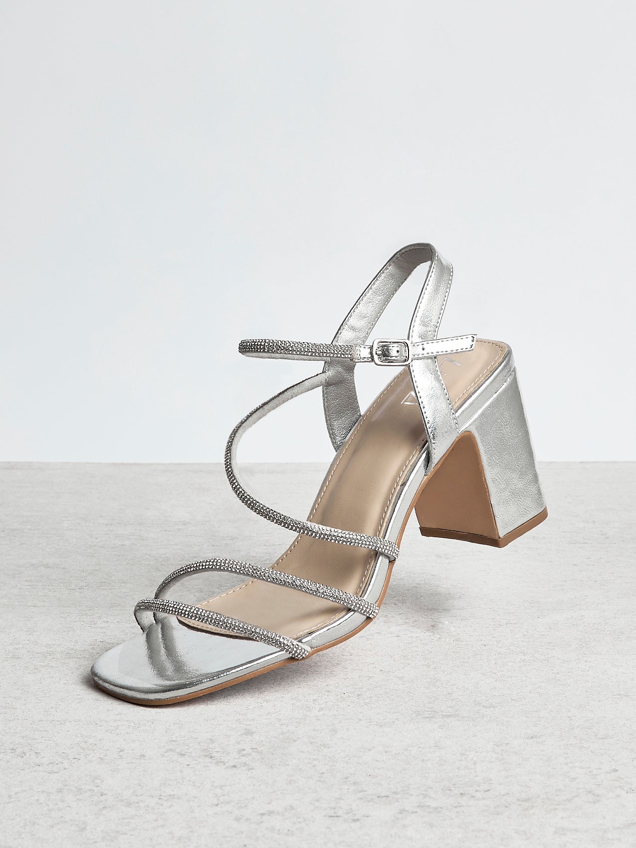 Kira Silver Diamante Block Heels