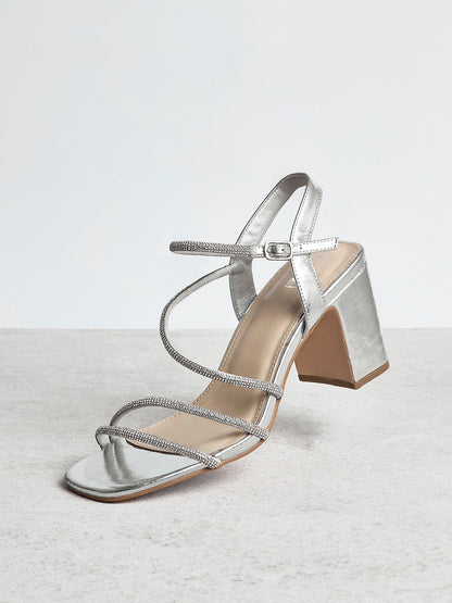 Kira Silver Diamante Block Heels