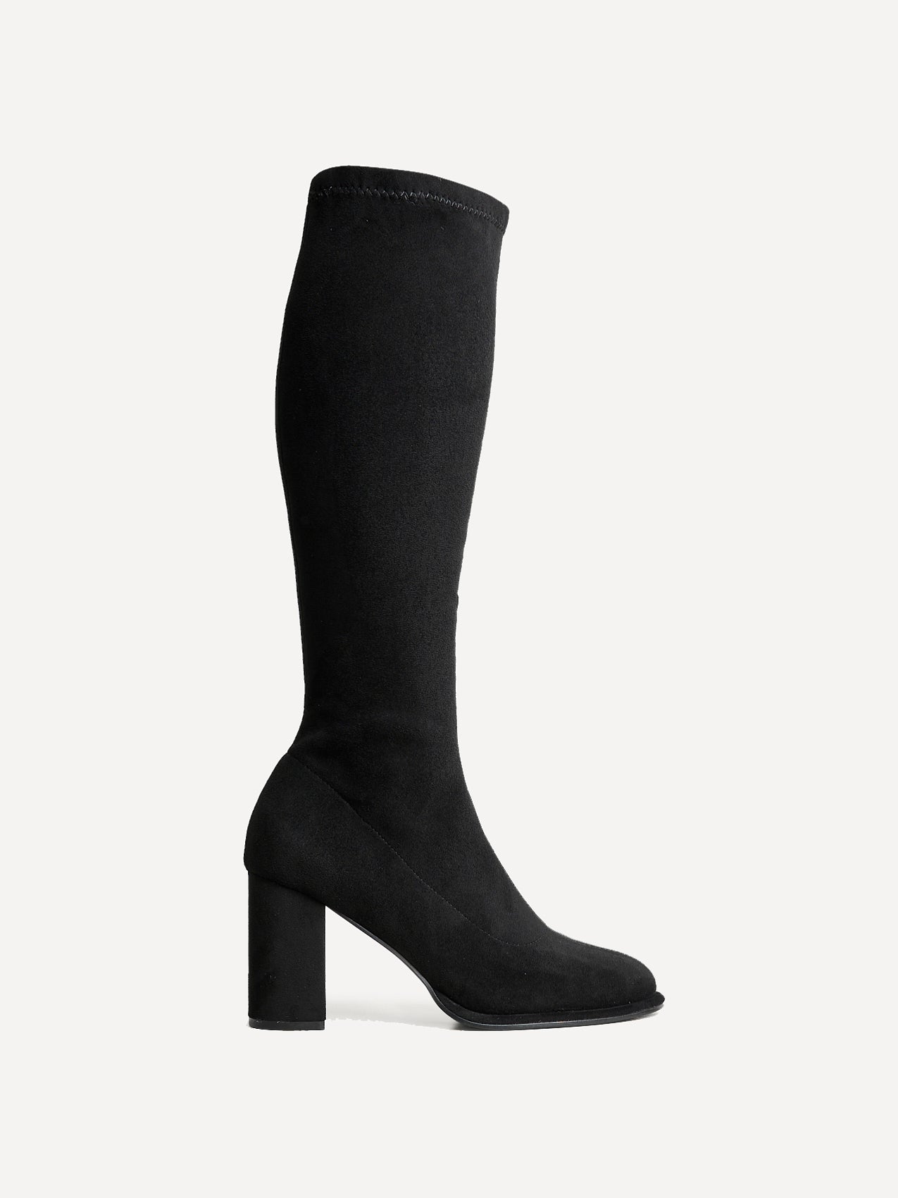 Kylie Black Stretch Long Block Heeled Boots