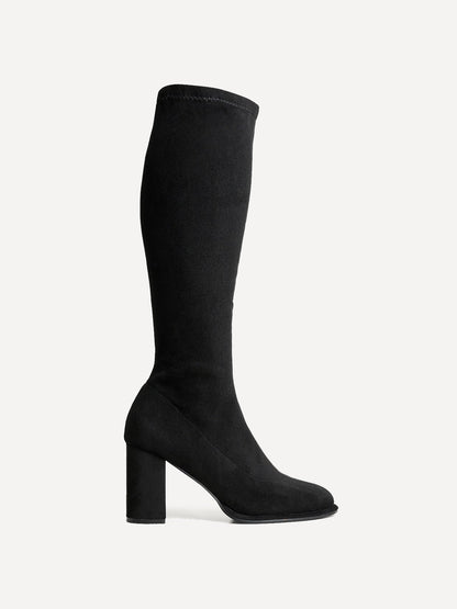 Kylie Black Stretch Long Block Heeled Boots
