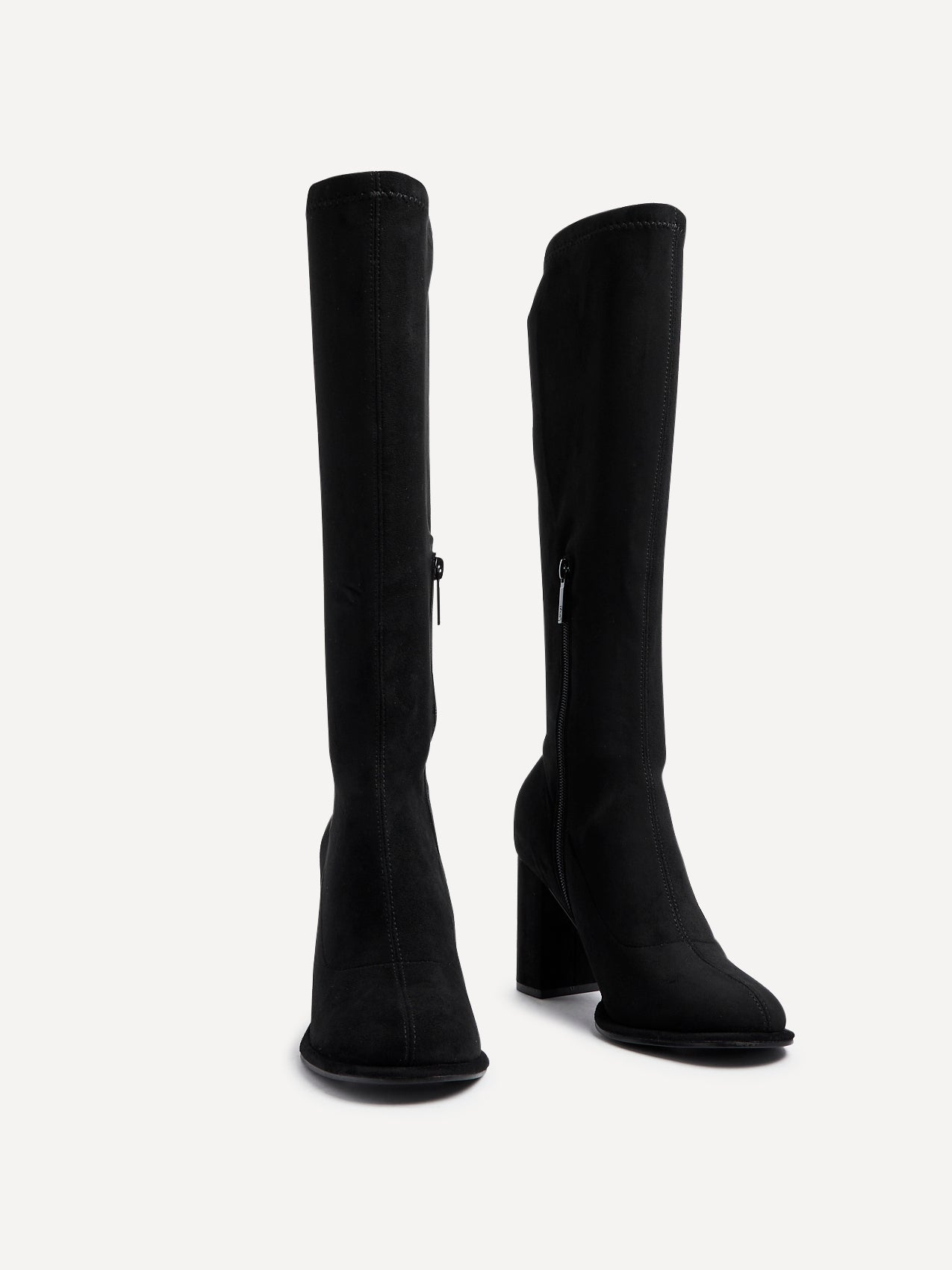Kylie Black Stretch Long Block Heeled Boots