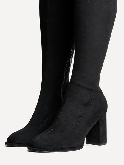 Kylie Black Stretch Long Block Heeled Boots