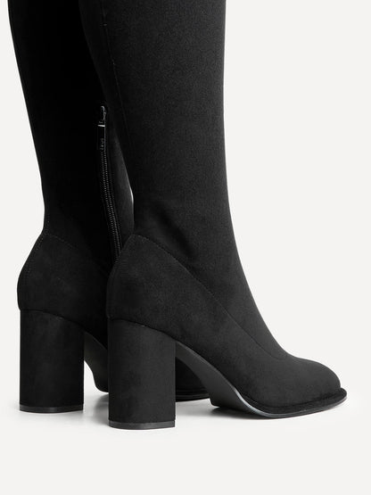 Kylie Black Stretch Long Block Heeled Boots
