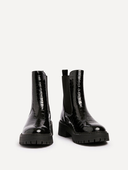 Landon Black Croc Patent Ankle Boots