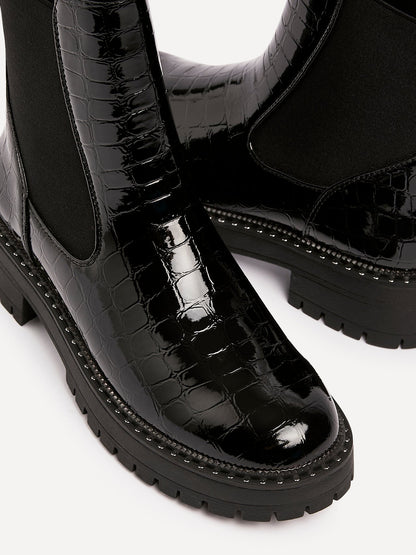 Landon Black Croc Patent Ankle Boots